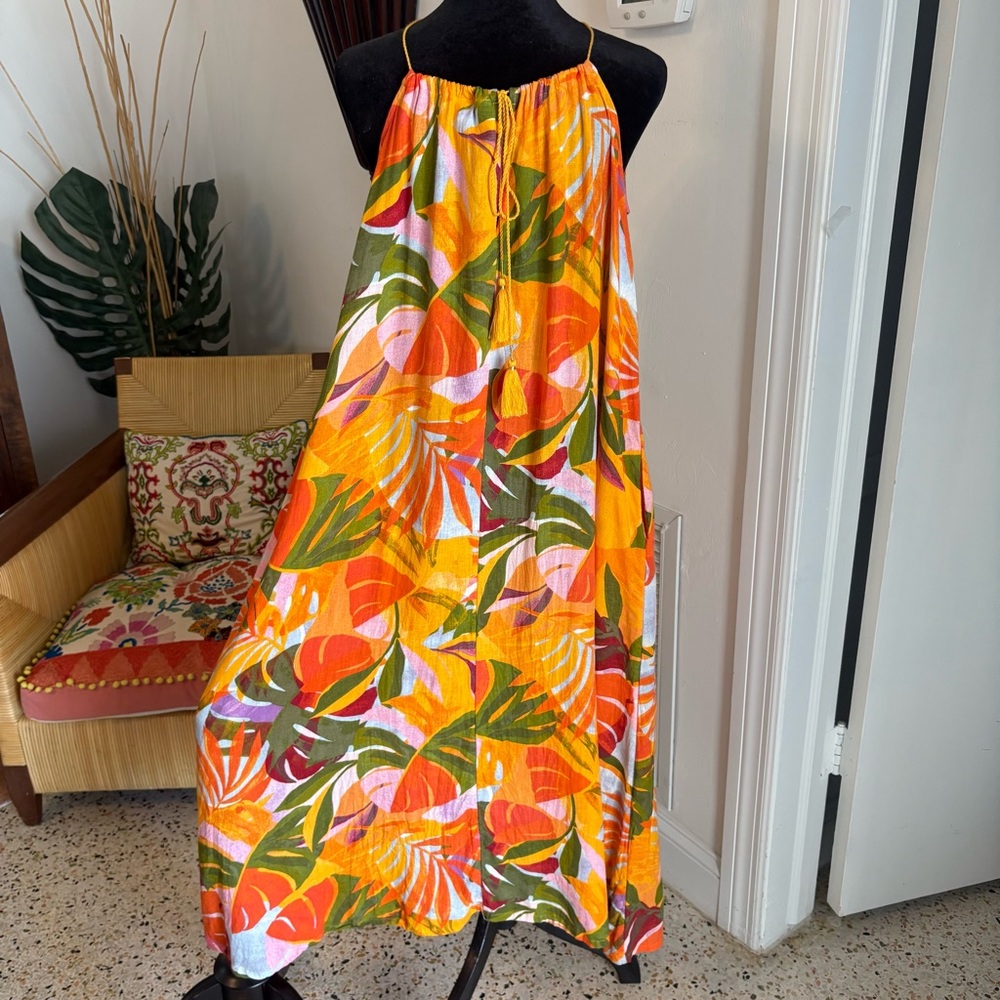 C & C California Linen Blend Tropical Palm Orange Colorful Long Shift Dress! Lg - Picture 6 of 13